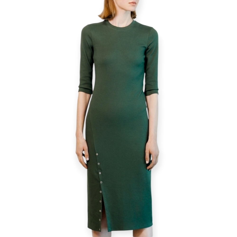 Theory Perry Green Ribbed Knit Midi Dress Button Front Elbow Sleeves Small